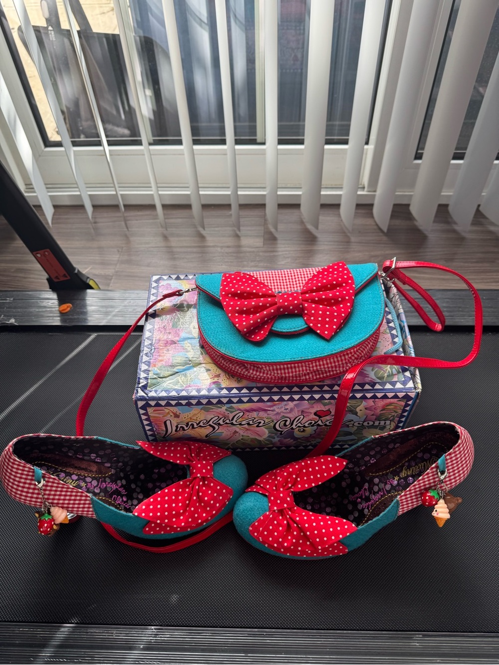 *BNIB* Irregular Choice Teal and Red Polka Dot Bow Heels with Matching bag. EU43